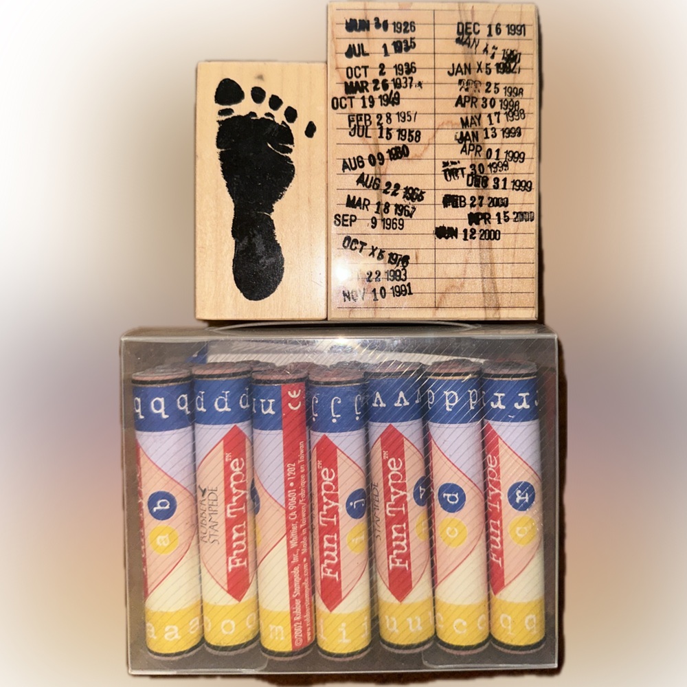 Rubber Stamp Bundle Alphabet Fun Type Baby Foot Library Date Stamp Lot